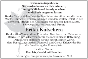 Traueranzeige von Erika Kutschera von Super Sonntag SGH Mansf. Land