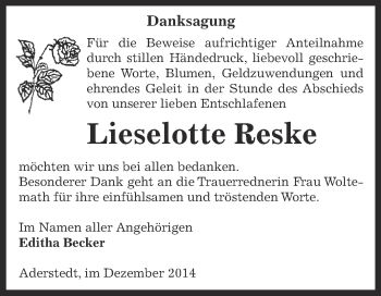 Traueranzeige von Lieselotte Reske von Super Sonntag Bernburg