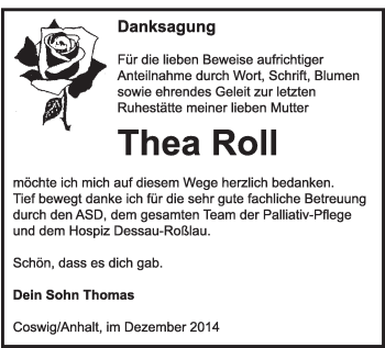 Traueranzeige von Thea Roll von Super Sonntag Wittenberg