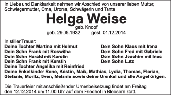 Traueranzeige von Helga Weise von Super Sonntag Wittenberg