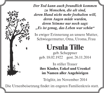 Traueranzeige von Ursula Tille von Super Sonntag Zeitz