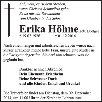 Traueranzeige von Erika Höhne von WVG - Wochenspiegel Wittenberg