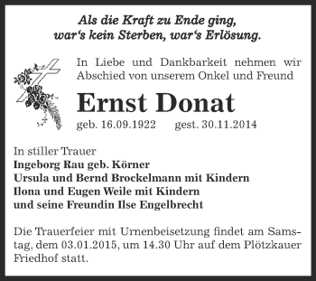 Traueranzeige von Ernst Donat von Super Sonntag Bernburg