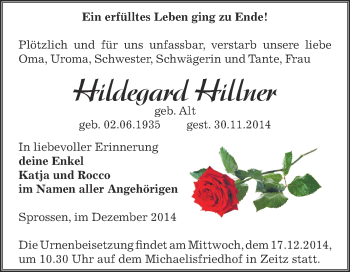Traueranzeige von Hildegard Hillner von Super Sonntag Zeitz