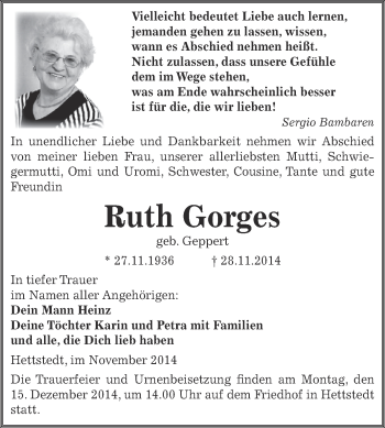 Traueranzeige von Ruth Gorges von Wochenspiegel Mansfelder Land