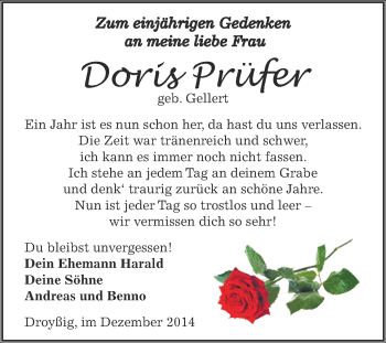 Traueranzeige von Doris Prüfer von Super Sonntag Zeitz