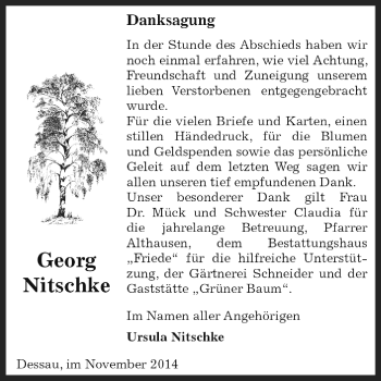 Traueranzeige von Georg Nitschke von WVG - Wochenspiegel Dessau / Köthen