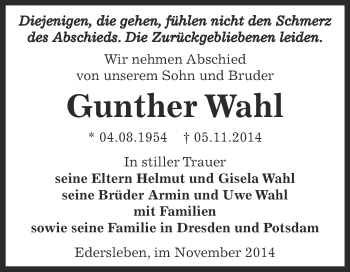 Traueranzeige von Gunther Wahl von Super Sonntag SGH Mansf. Land