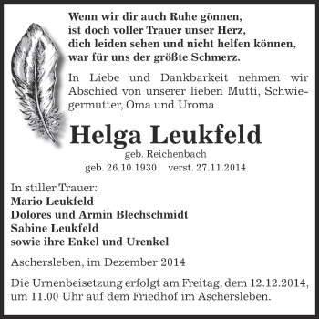 Traueranzeige von Helga Gertrud Anna Leukfeld von Super Sonntag Aschersleben