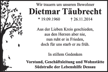 Traueranzeige von Dietmar Täubrecht von Super Sonntag Dessau / Köthen