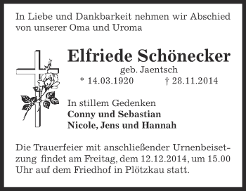 Traueranzeige von Elfriede Schönecker von Super Sonntag Bernburg