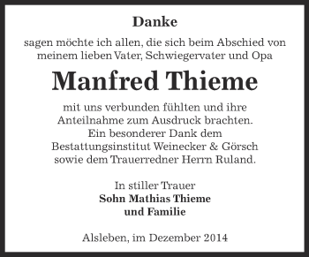 Traueranzeige von Manfred Thieme von Super Sonntag Bernburg