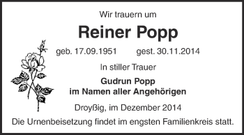 Traueranzeige von Reiner Popp von Super Sonntag Zeitz