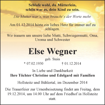 Traueranzeige von Else Wegner von Super Sonntag Zeitz