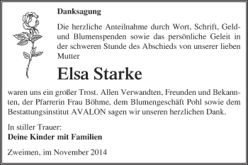 Traueranzeige von Elsa Starke von WVG - Wochenspiegel Merseburg