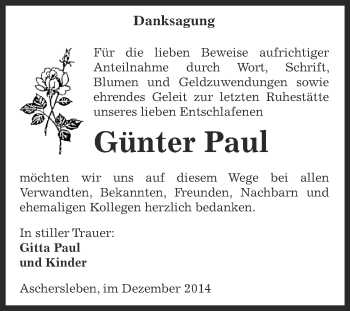 Traueranzeige von Günter Paul von Super Sonntag Aschersleben