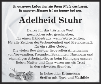 Traueranzeige von Adelheid Stuhr von Super Sonntag Bernburg