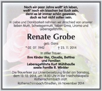 Traueranzeige von Renate Grobe von Super Sonntag SGH Mansf. Land