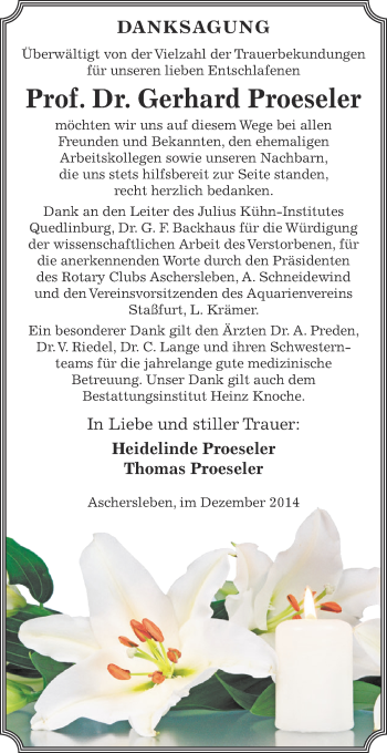 Traueranzeige von Gerhard Proeseler von Super Sonntag Aschersleben