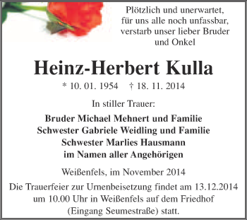 Traueranzeige von Heinz-Herbert Kulla von WVG - Wochenspiegel NMB / WSF / ZTZ