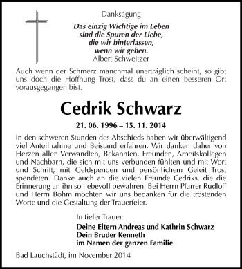 Traueranzeige von Cedrik Schwarz von WVG - Wochenspiegel Merseburg