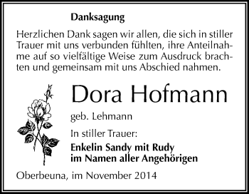 Traueranzeige von Dora Hofmann von WVG - Wochenspiegel Merseburg