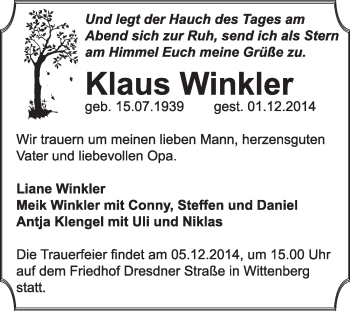 Traueranzeige von Klaus Winkler von Super Sonntag Wittenberg