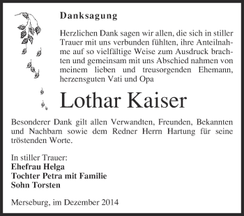 Traueranzeige von Lothar Kaiser von Super Sonntag Merseburg
