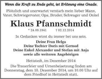 Traueranzeige von Klaus Pfannschmidt von Wochenspiegel Mansfelder Land