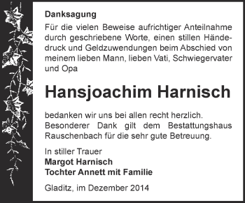 Traueranzeige von Hansjoachim Harnisch von Super Sonntag Zeitz