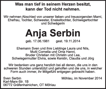 Traueranzeige von Anja Serbin von Super Sonntag Wittenberg