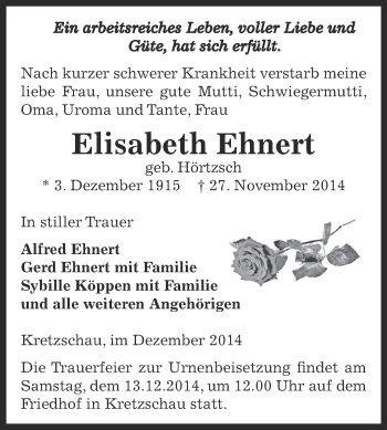 Traueranzeige von Elisabeth Ehnert von Super Sonntag Zeitz
