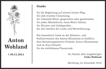 Traueranzeige von Anton Wohland von Super Sonntag Bernburg