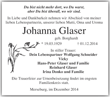 Traueranzeige von Johanna Glaser von Super Sonntag Merseburg