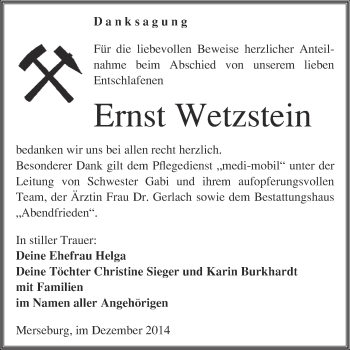 Traueranzeige von Ernst Wetzstein von WVG - Wochenspiegel Merseburg
