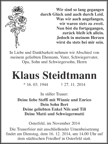 Traueranzeige von Klaus Steidtmann von WVG - Wochenspiegel NMB / WSF / ZTZ