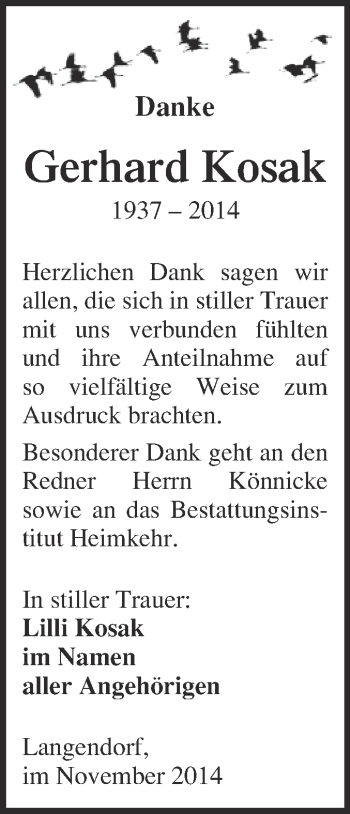 Traueranzeige von Gerhard Kosak von WVG - Wochenspiegel NMB / WSF / ZTZ