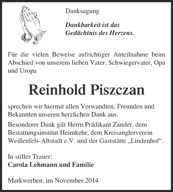 Traueranzeige von Reinhold Piszczan von WVG - Wochenspiegel NMB / WSF / ZTZ