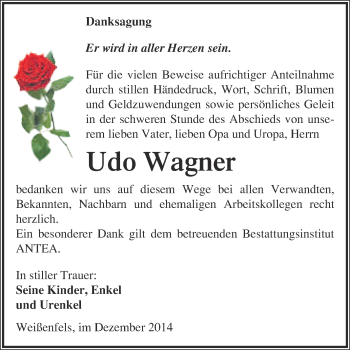 Traueranzeige von Udo Wagner von WVG - Wochenspiegel NMB / WSF / ZTZ
