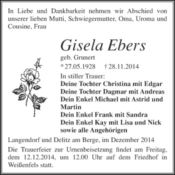 Traueranzeige von Gisela Ebers von WVG - Wochenspiegel NMB / WSF / ZTZ