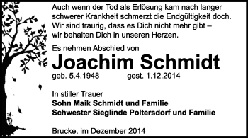 Traueranzeige von Joachim Schmidt von Super Sonntag Dessau / Köthen