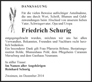 Traueranzeige von Friedrich Schurig von Super Sonntag Merseburg