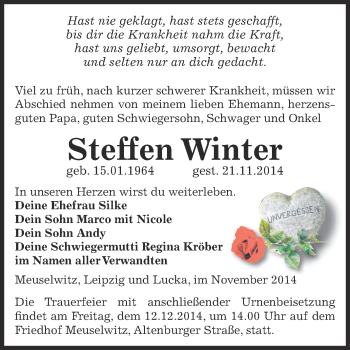 Traueranzeige von Steffen Winter von Super Sonntag Zeitz