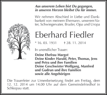 Traueranzeige von Eberhard Fiedler von WVG - Wochenspiegel Merseburg