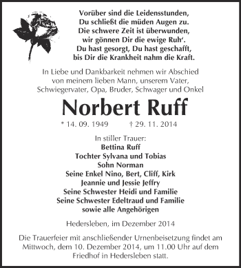 Traueranzeige von Norbert Ruff von WVG - Wochenspiegel Quedlinburg