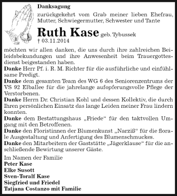 Traueranzeige von Ruth Kase von WVG - Wochenspiegel Dessau / Köthen