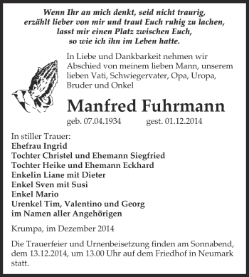 Traueranzeige von Manfred Fuhrmann von WVG - Wochenspiegel Merseburg