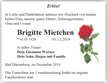 Traueranzeige von Brigitte Mietchen von Super Sonntag Merseburg
