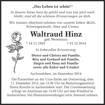 Traueranzeige von Waltraud Hinz von Super Sonntag Aschersleben