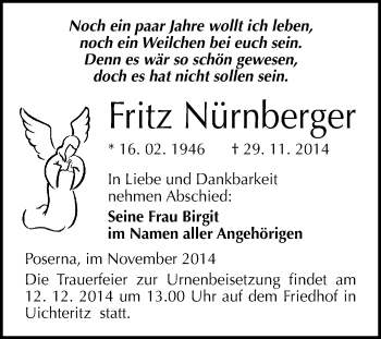 Traueranzeige von Fritz Nürnberger von WVG - Wochenspiegel NMB / WSF / ZTZ